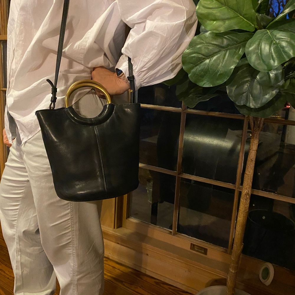 J crew black leather bucket purse!!! Gold ring handle